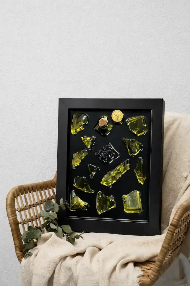 Handmade Perfume Bottle Resin Wall Art Frame – Luxury Epoxy Decor (Olive Edition)